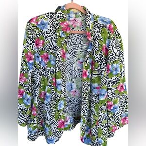 Choices Woman Floral Zebra Print Open Style Jacket Size: 2X 100% Linen